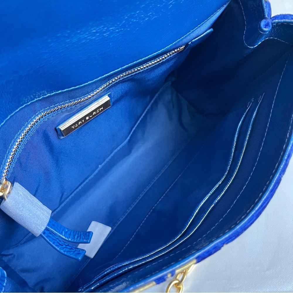 Tory Burch Blue and Gold Floral Velvet Shoulder Bag - Picture 6 of 10